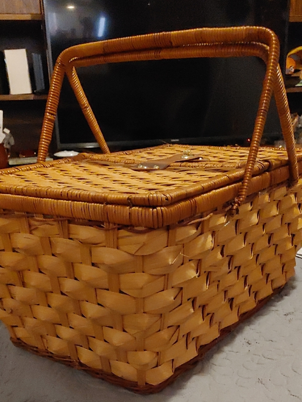 Woven Picnic Basket with Hinged Lid and Handle - Honey Tan